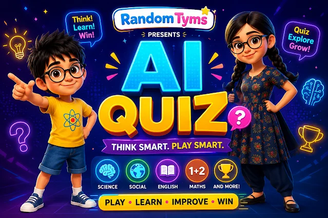 RandomTyms Lokesh and Varsha characters presenting the AI textbook quiz generator