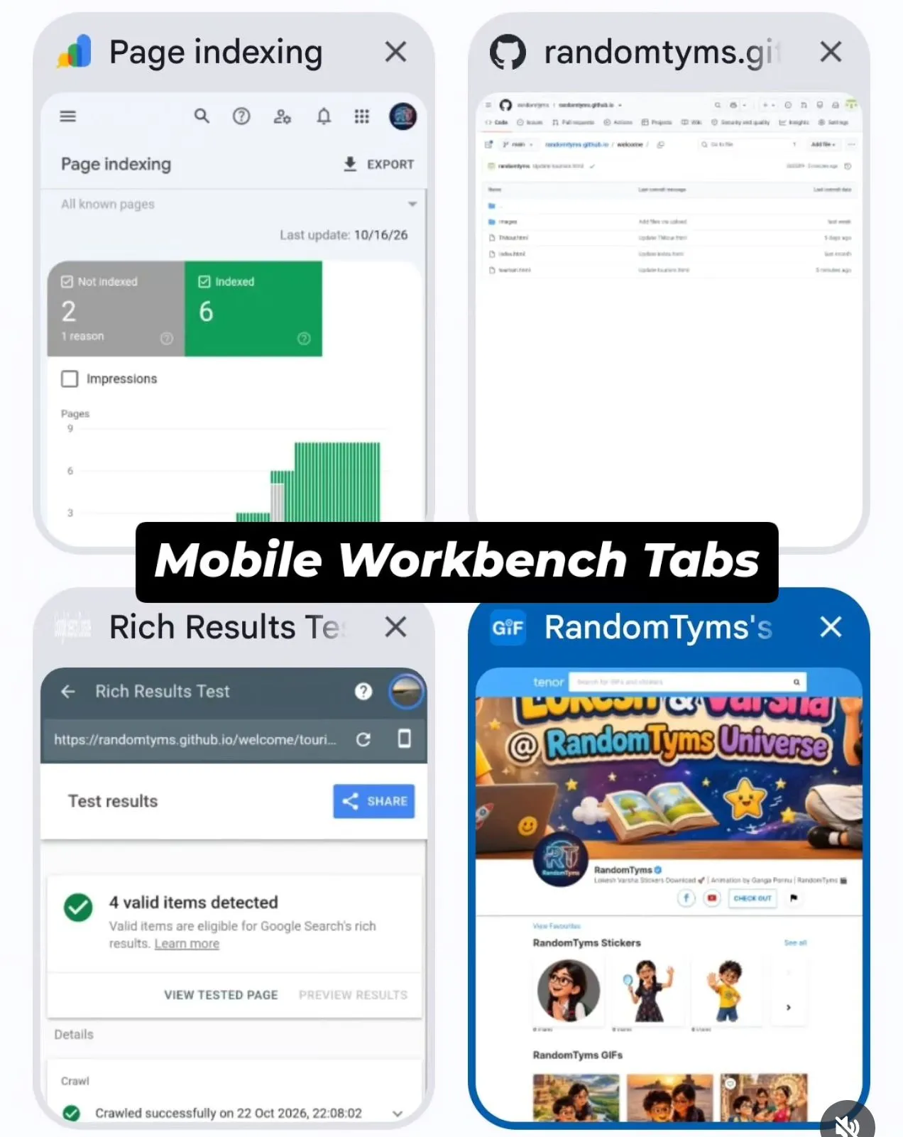 Four phone browser tabs: Search Console, GitHub, Rich Results Test and the RandomTyms Tenor profile